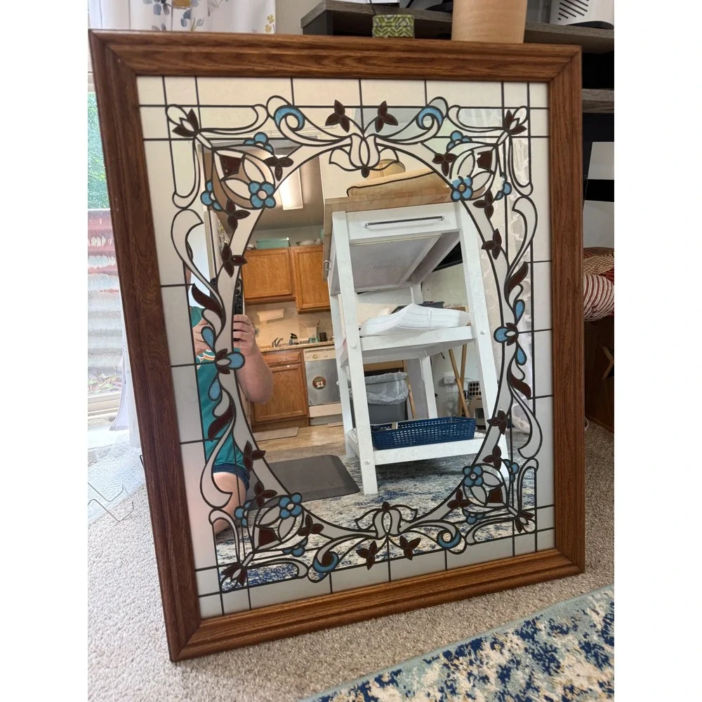 Vintage Faux Stained Glass Floral Wall Mirror Wood Frame Blue Brown 31.5x25.5
